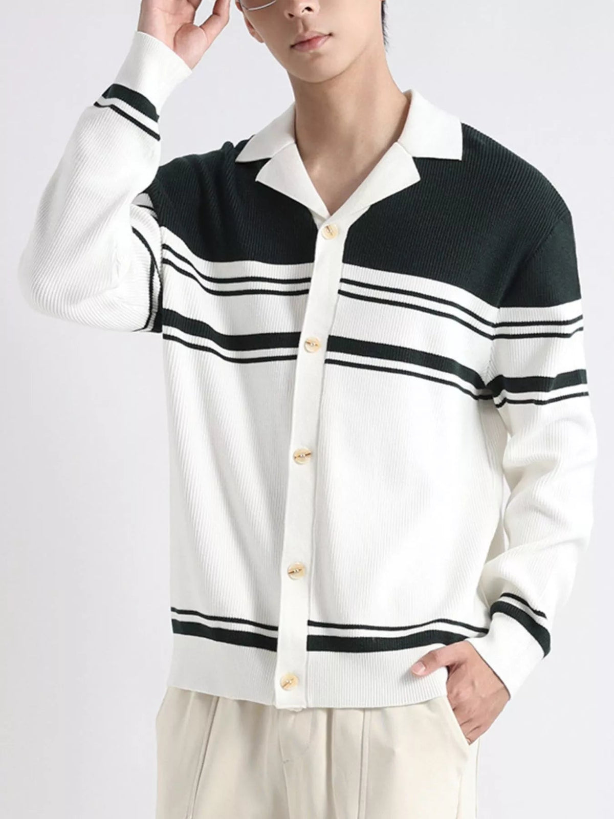 Men's Plus Size Contrast Striped Button-Down Cardigan - Artículos HE