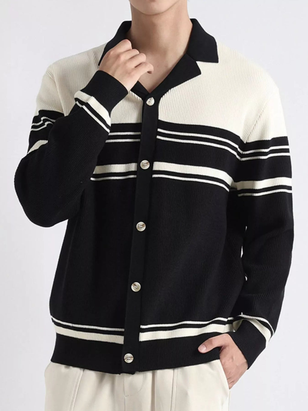 Men's Plus Size Contrast Striped Button-Down Cardigan - Artículos HE