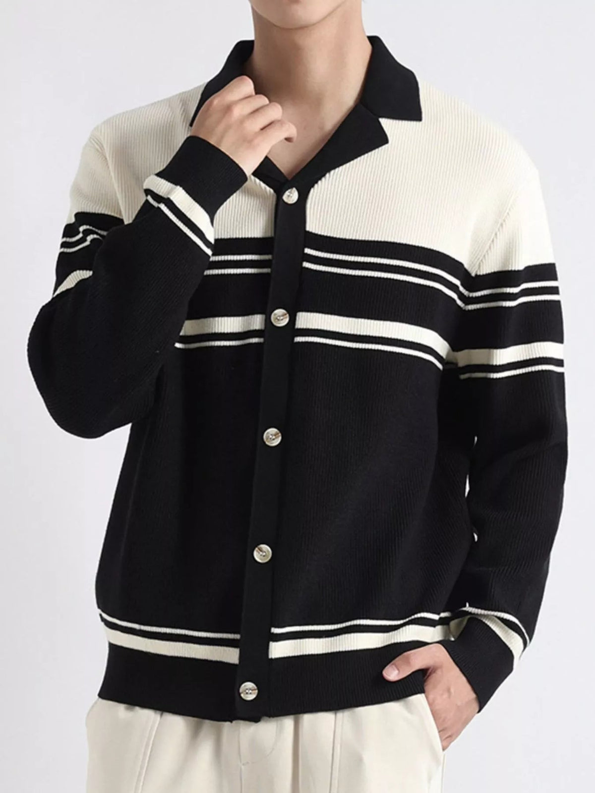 Men's Plus Size Contrast Striped Button-Down Cardigan - Artículos HE