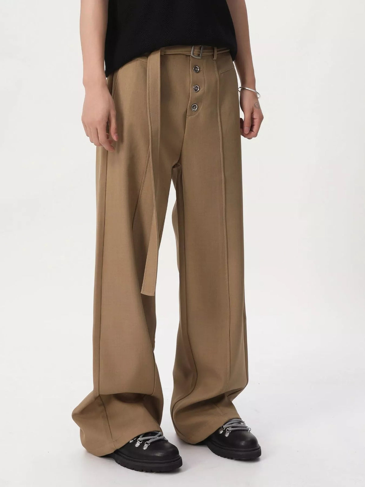 Pantalón de pernera ancha de cintura alta con cinturón para hombre - Artículos HE