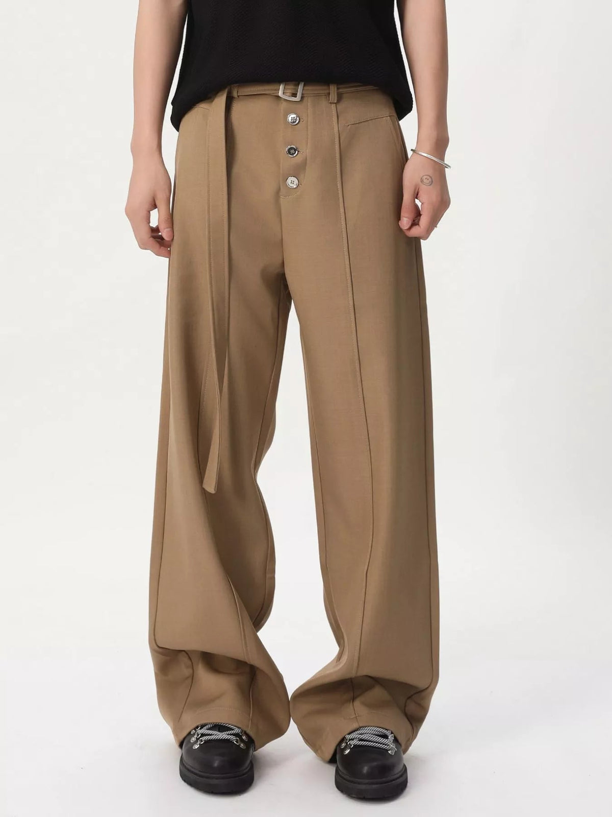 Pantalón de pernera ancha de cintura alta con cinturón para hombre - Artículos HE