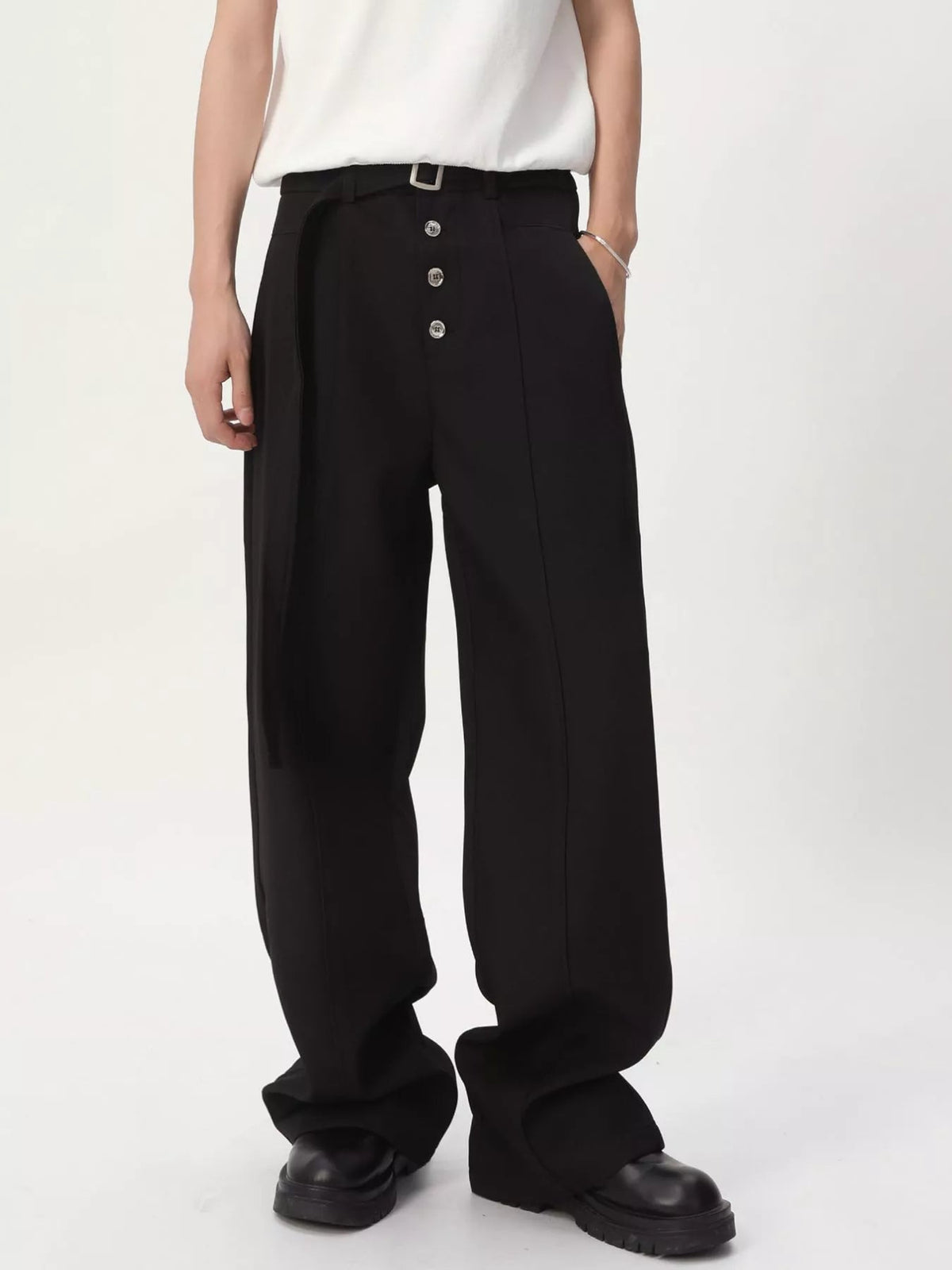 Pantalón de pernera ancha de cintura alta con cinturón para hombre - Artículos HE