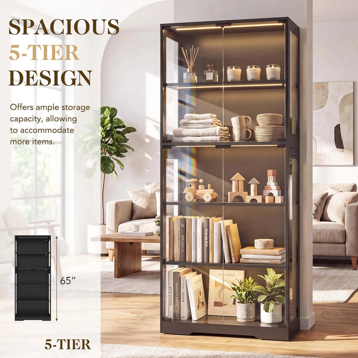 TCGBKAF 5‑Tier Display Cabinet with Glass Doors Motion Sensor Dimmable LED Lights Wooden Frame Display Storage Cabinet for Collectible Figures Living Room Bedroom Office Home Furniture - Artículos HE