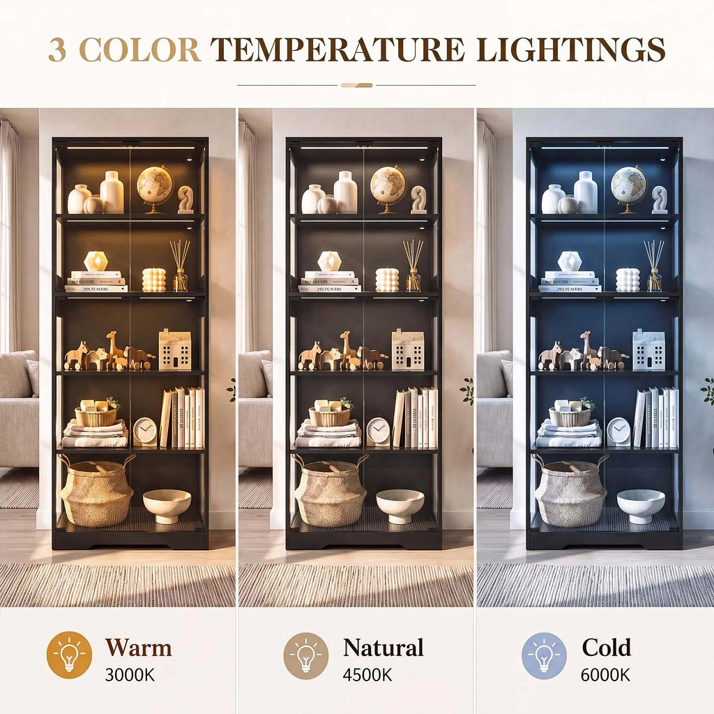 TCGBKAF 5‑Tier Display Cabinet with Glass Doors Motion Sensor Dimmable LED Lights Wooden Frame Display Storage Cabinet for Collectible Figures Living Room Bedroom Office Home Furniture - Artículos HE