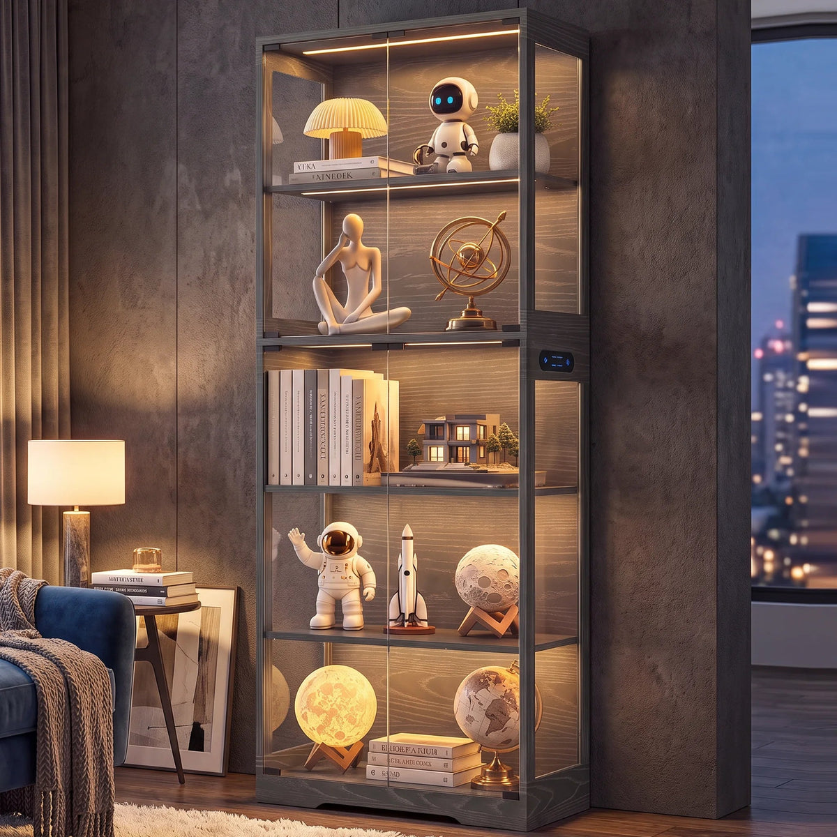 TCGBKAF 5‑Tier Display Cabinet with Glass Doors Motion Sensor Dimmable LED Lights Wooden Frame Display Storage Cabinet for Collectible Figures Living Room Bedroom Office Home Furniture - Artículos HE