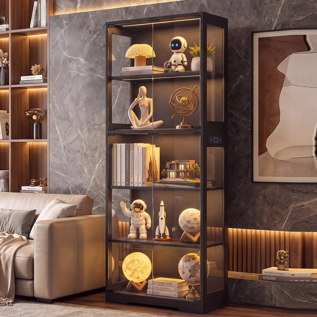 TCGBKAF 5‑Tier Display Cabinet with Glass Doors Motion Sensor Dimmable LED Lights Wooden Frame Display Storage Cabinet for Collectible Figures Living Room Bedroom Office Home Furniture - Artículos HE