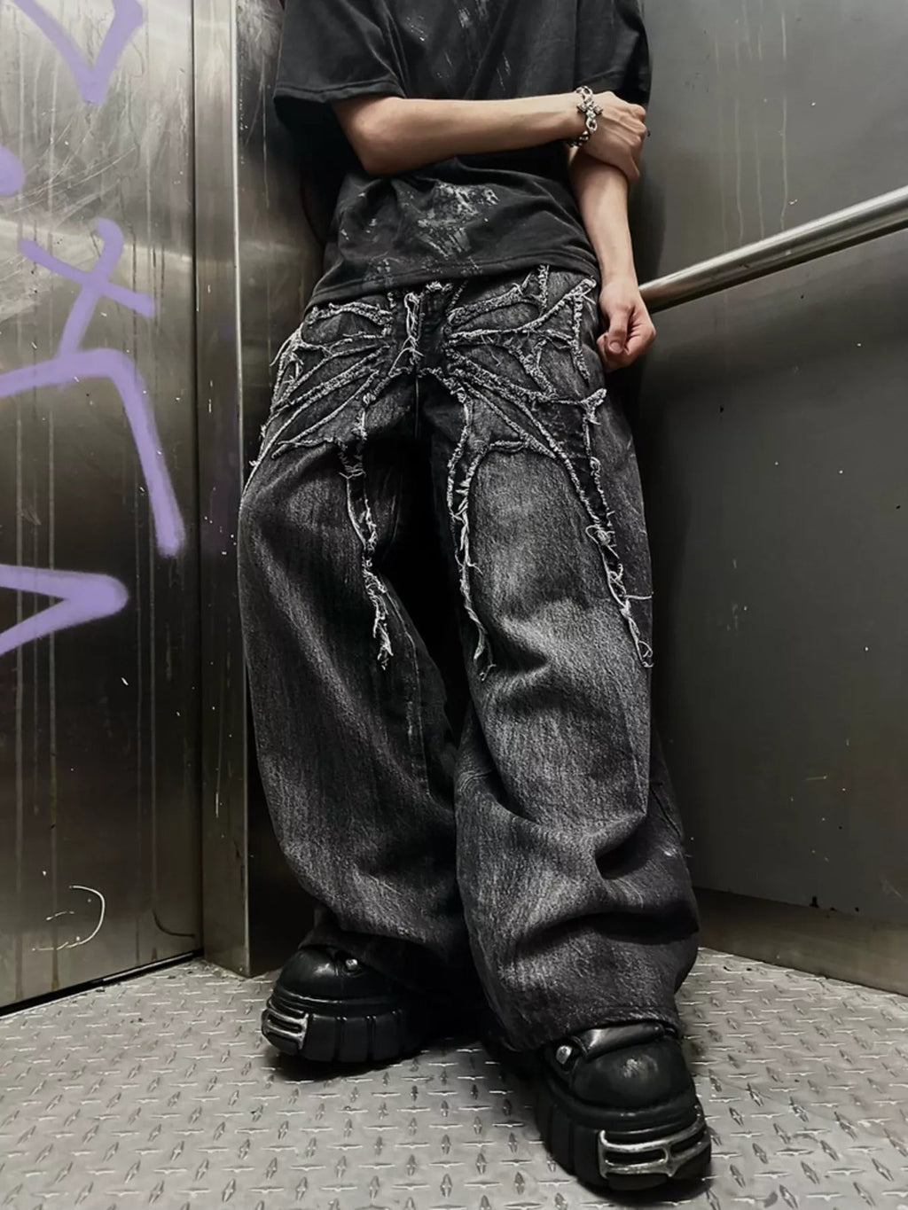 Vaqueros streetwear de pernera ancha con estampado de araña talla grande para hombre - Artículos HE