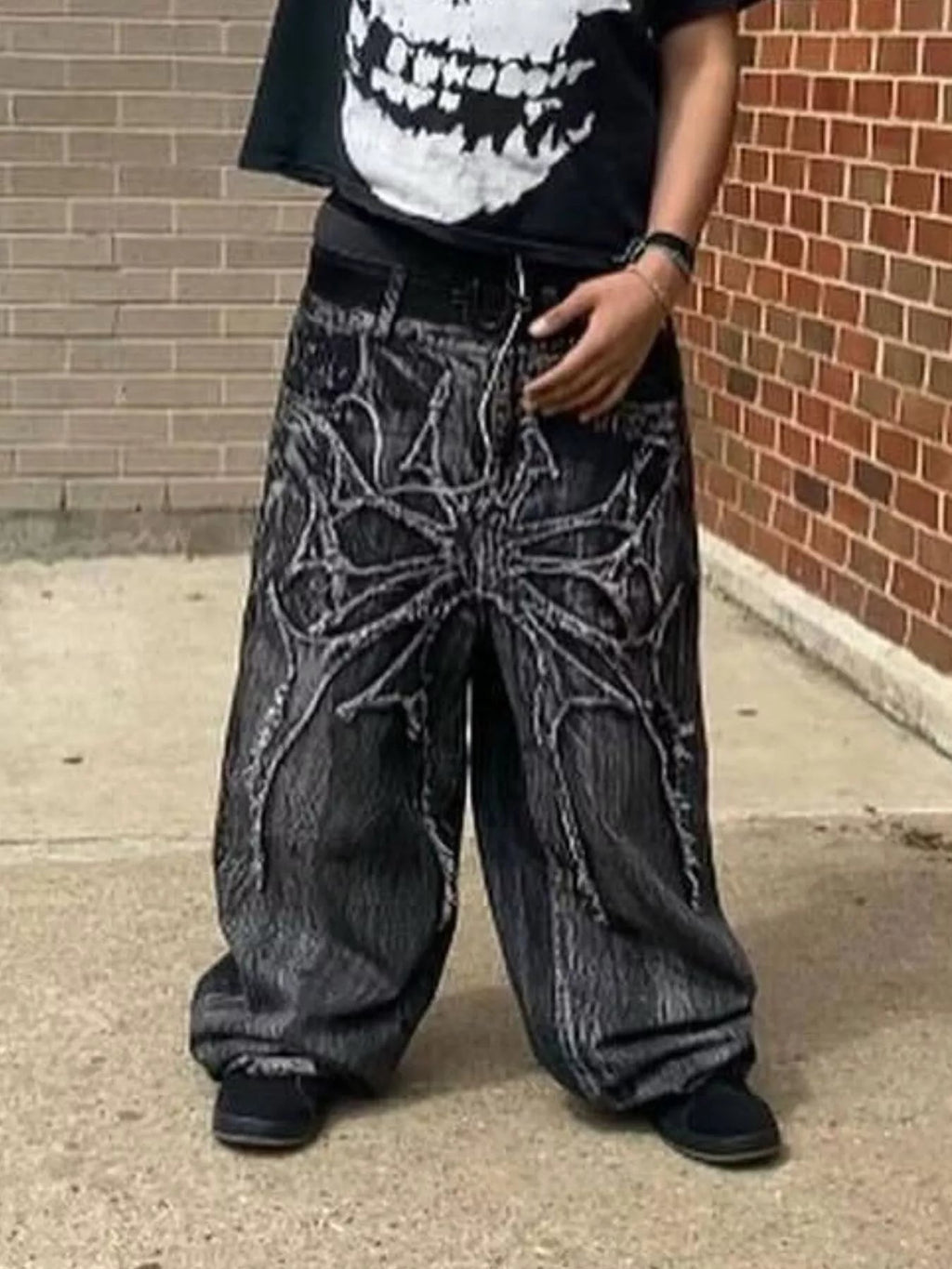 Vaqueros streetwear de pernera ancha con estampado de araña talla grande para hombre - Artículos HE