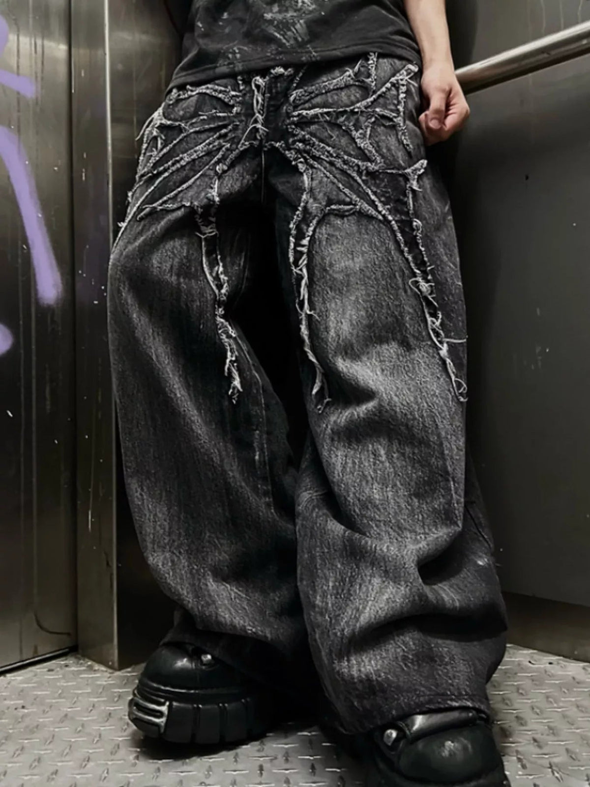 Vaqueros streetwear de pernera ancha con estampado de araña talla grande para hombre - Artículos HE